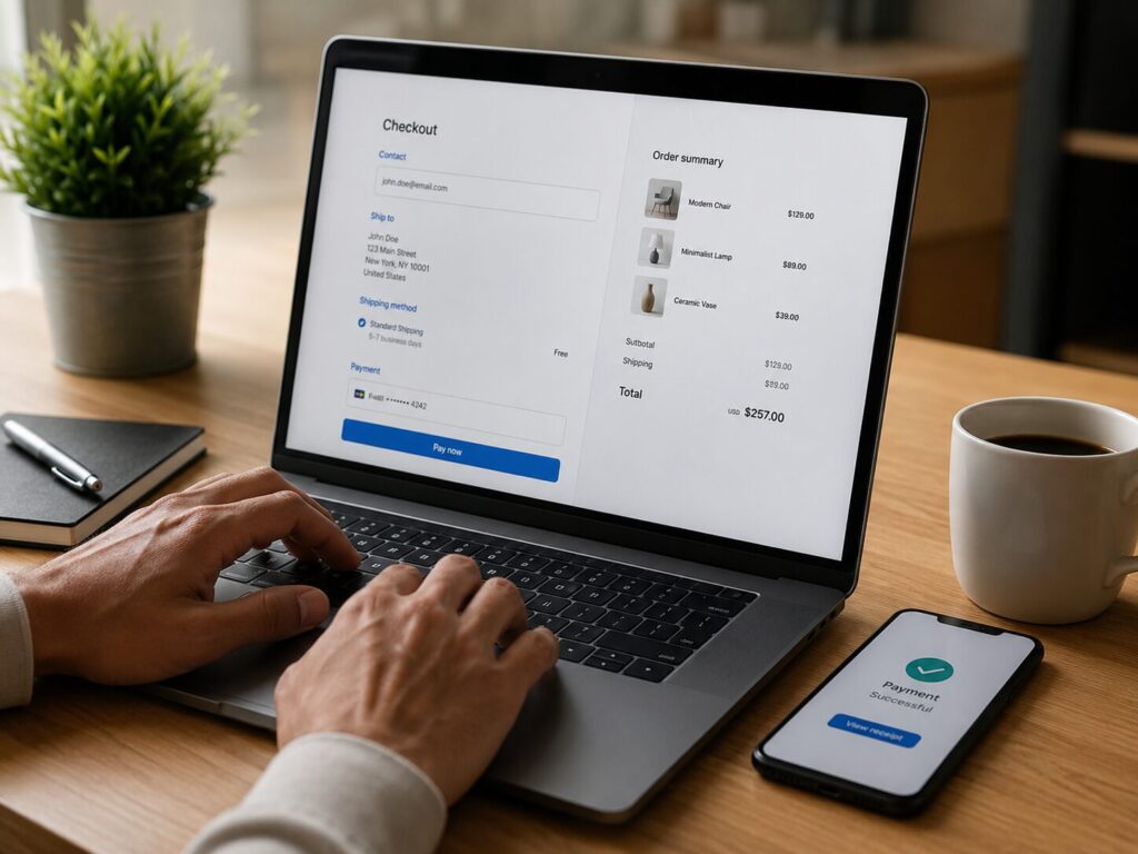 Person completing an online purchase through an affiliate link on laptop and phone