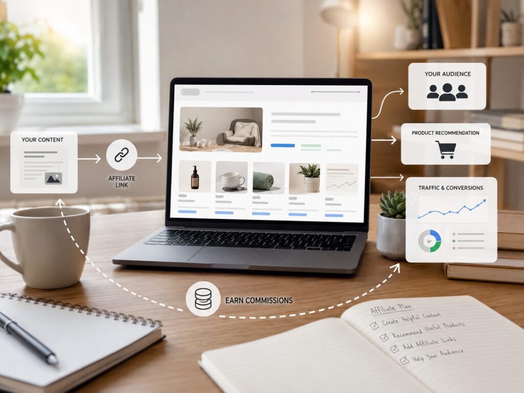 Affiliate marketing income stream using content and product recommendations