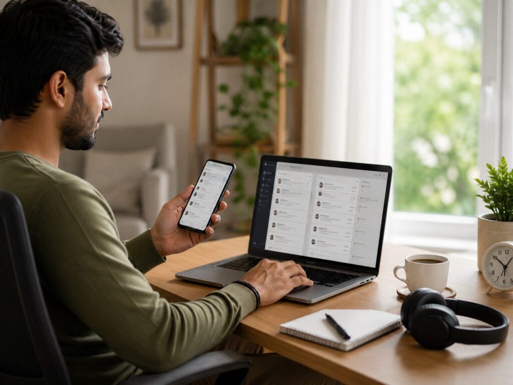 Flexible remote worker managing social media comments from a home office