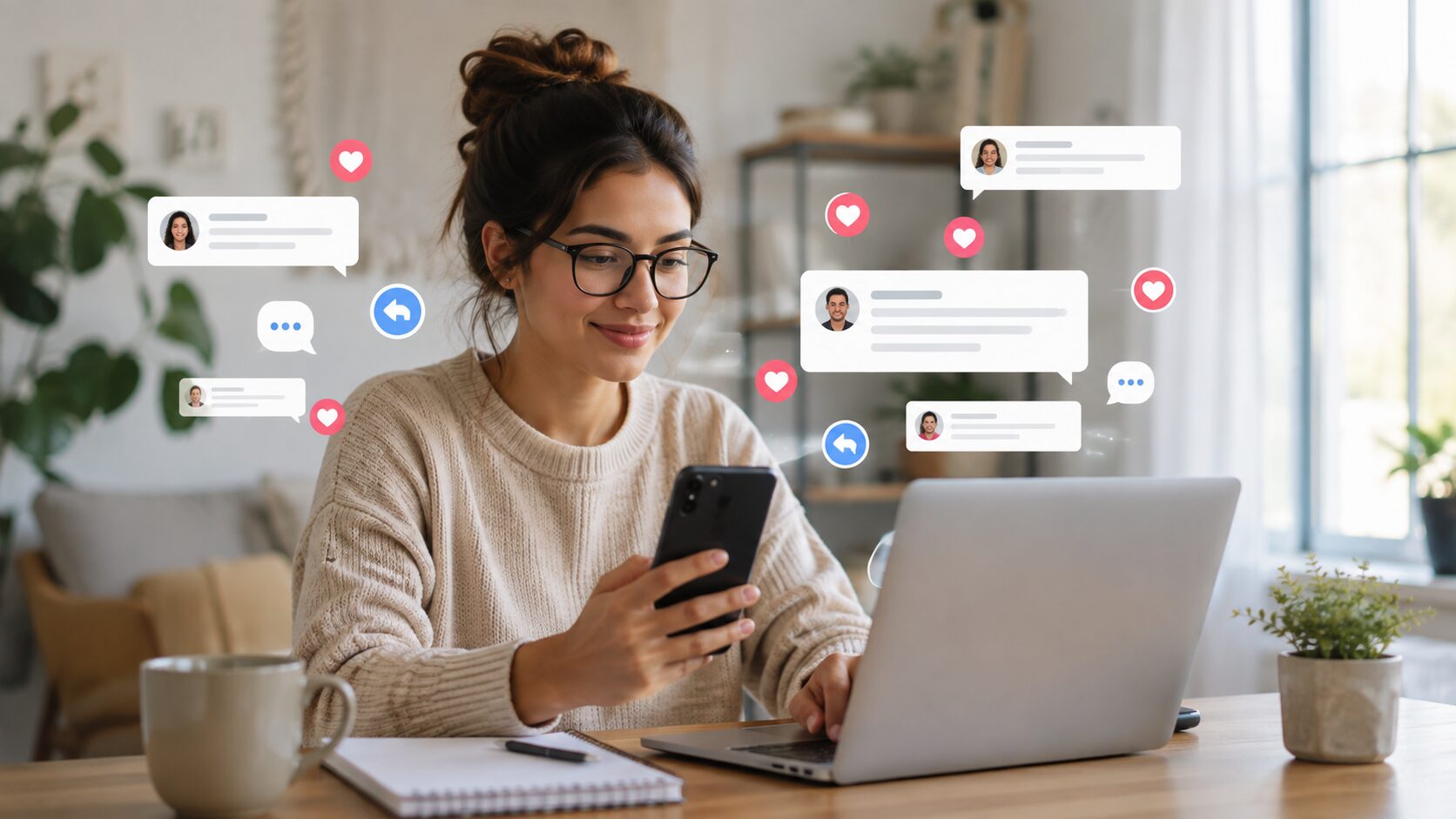 Person working from home replying to social media comments on a laptop and smartphone