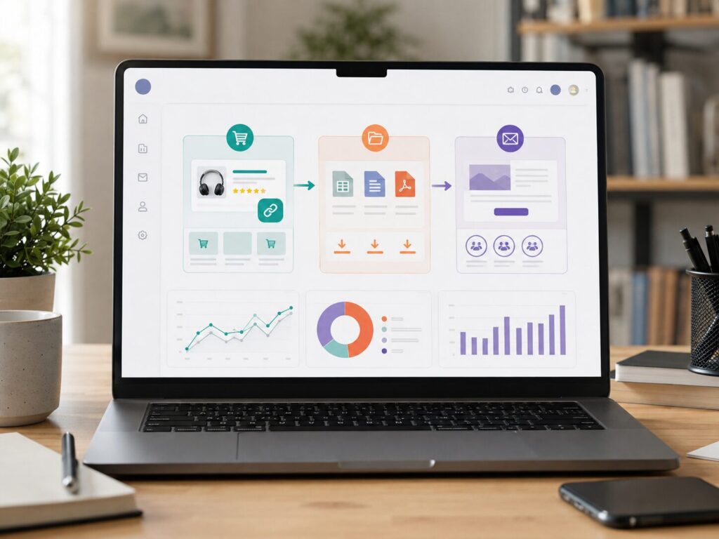 Beginner-friendly digital income dashboard organizing three online business models