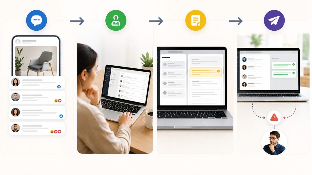 Four-step workflow showing how a social media comment reply job works