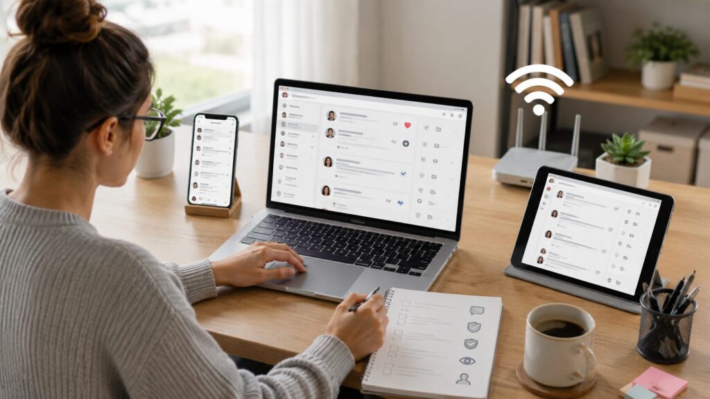 Remote worker professionally managing customer comments for a business social media account