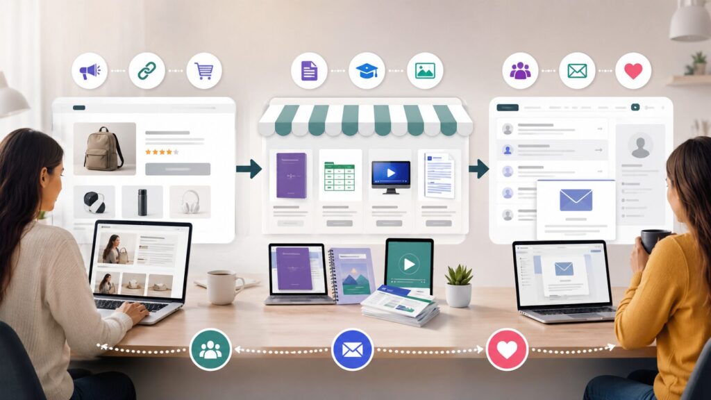 Affiliate marketing, digital products and email marketing income streams